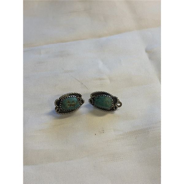 PAIR OF STERLING SILVER W/ NATURAL POLISHED TURQUOISED STONES EARRINGS CLIP ON