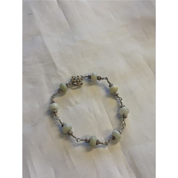 VINTAGE SILVER W/ GREEN JADE BEADS BRACELET HAND CRAFTED