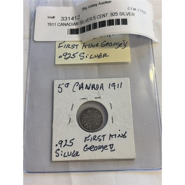 1911 CANADIAN SILVER 5 CENT .925 SILVER
