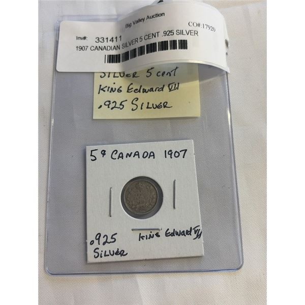 1907 CANADIAN SILVER 5 CENT .925 SILVER