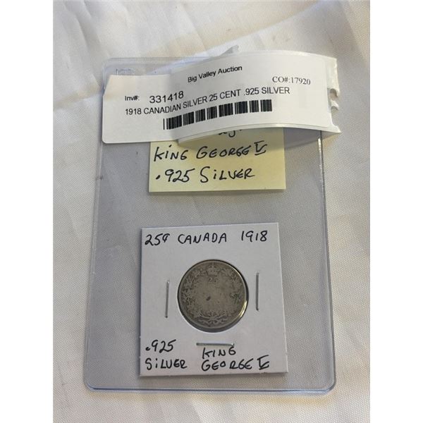 1918 CANADIAN SILVER 25 CENT .925 SILVER