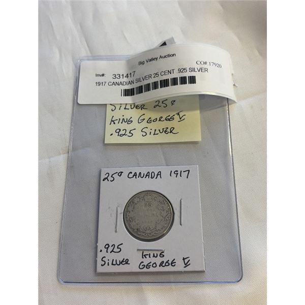 1917 CANADIAN SILVER 25 CENT .925 SILVER