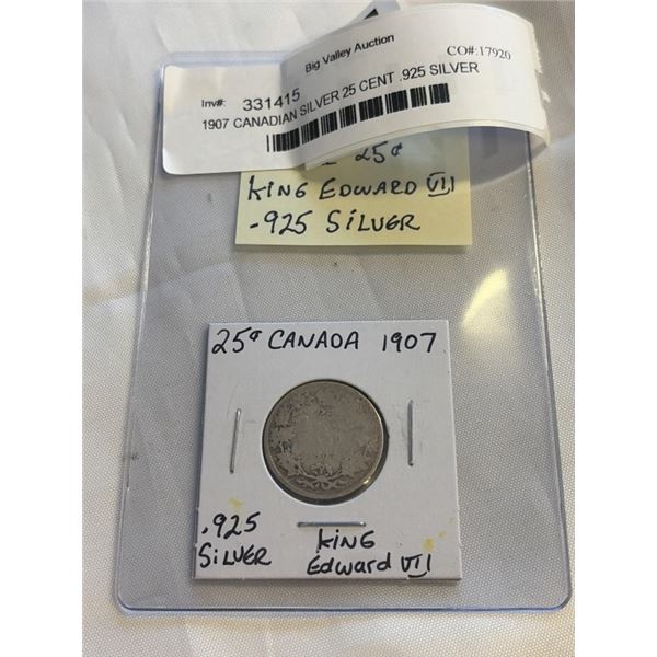 1907 CANADIAN SILVER 25 CENT .925 SILVER