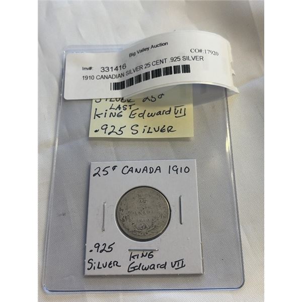 1910 CANADIAN SILVER 25 CENT .925 SILVER