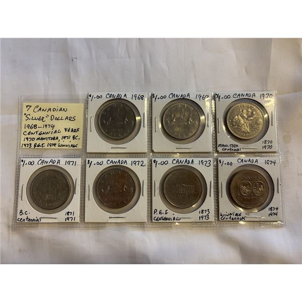 7 CANADIAN 'SILVER' DOLLARS 1968-1974 W/ CENTENNIAL YEARS, 1970 MANITOBA, 1971 BC, 1973 PEI, 1974 WI