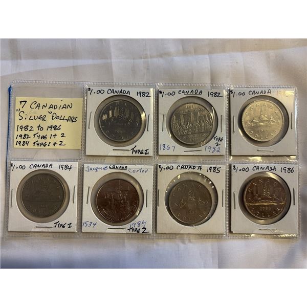 7 CANADIAN 'SILVER' DOLLARS 1982-1986 W/ 1982 TYPE 1, 2 TYPE 1984