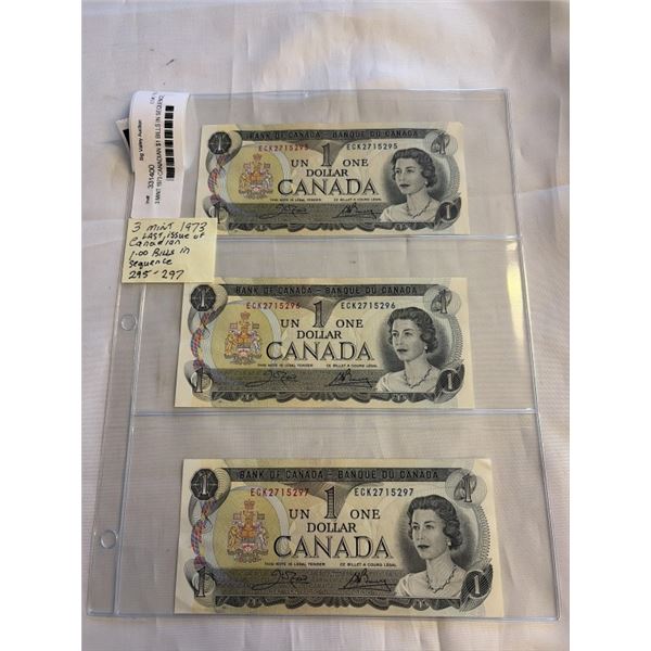 3 MINT 1973 CANADIAN $1 BILLS IN SEQUENCE, 295-297 LAST ISSUE