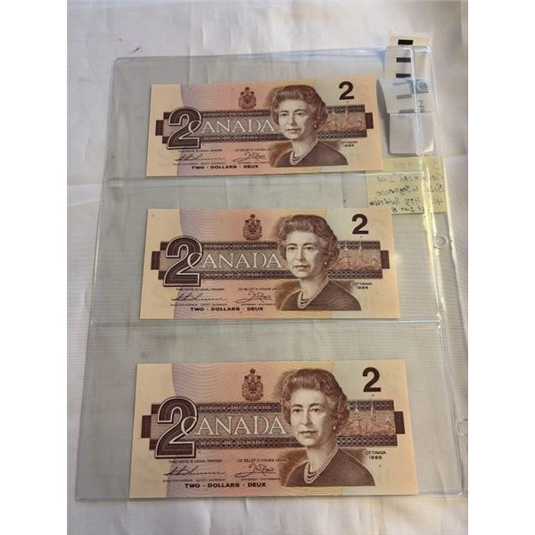 3 MINT 1986 CANADIAN $2 BILLS IN SEQUENCE, 411-413 LAST ISSUE