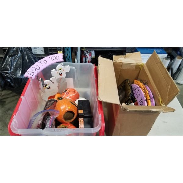PLASTIC TOTE AND BOX OF HALLOWEEN DECORATIONS