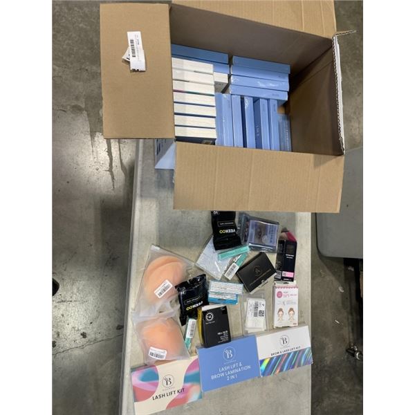 BOX OF APPROX 25 BLOOMORA LASH KITS, YEEH ADVANCED TAPE, BOLDIFY HAIR THICKENING FIBRES ETC
