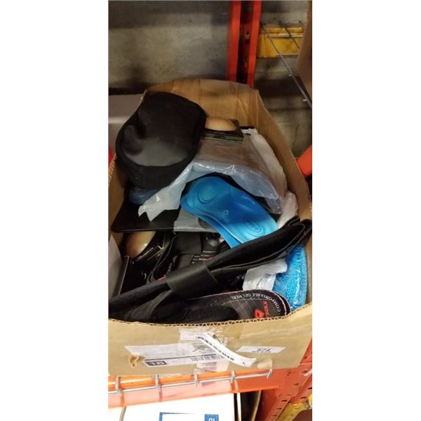 BOX OF MASSAGERS, BACK SUPPORT BELTS AND MORE