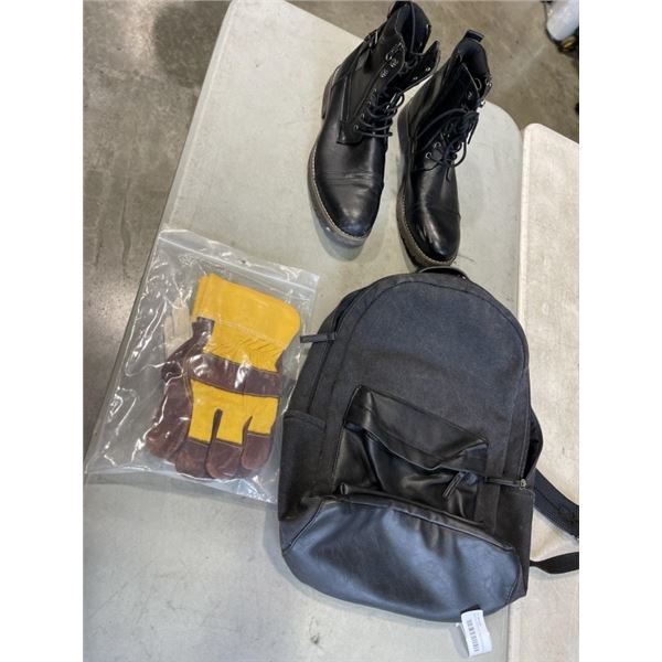 BLACK BACKPACK, SIZE 13 LEATHER SHOES AND 2 PAIRS GLOVES