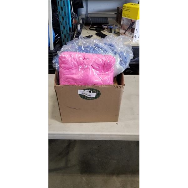 5 BLUE STITCH COSTUMES, 2 PINK STITCH COSTUMES, AND 16 NEW PLASTIC ORGANIZER CONTAINERS