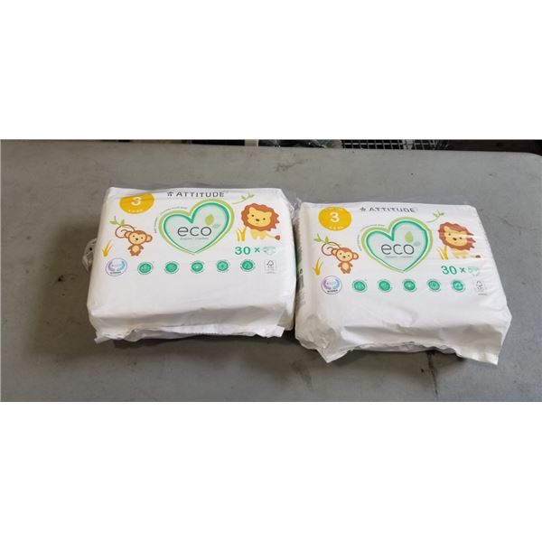 2 PACKS ATTITUDE ECO DIAPERS. 30X PER PACK. 3 YEARS OLD. 9-20 POUNDS