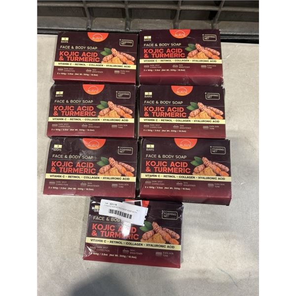 7 PACKS AURAE FACE & BODY SOAP WITH KOJIC ACID & TURMERIC. 3 BARS PER PACK