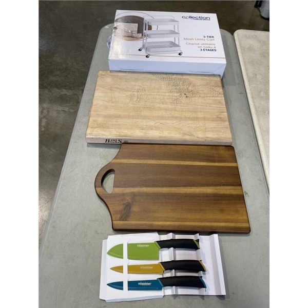 3 TIER MESH UTILITY CART, 2 CUTTING BOARDS, AND 3 KNIVES