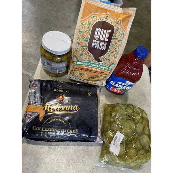 BAG DICED PICKLES, MOTTS CLAMATO 1.89 LITRE, VERMOUTH OLIVES, BAG OF QUE PASA CHIPS, FETTUCCINE PAST