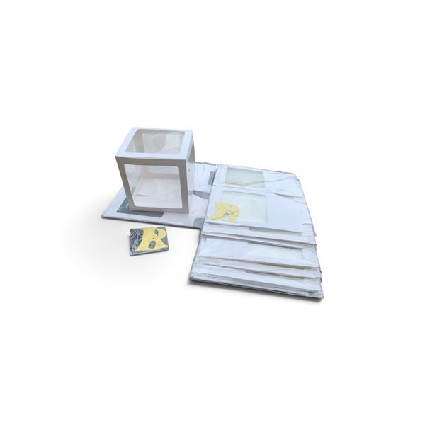 NINE NEW SETS OF WHITE BABY SHOWER CLEAR BOXES FOUR BOXES PER PACK WITH LETTERS RETAIL $180