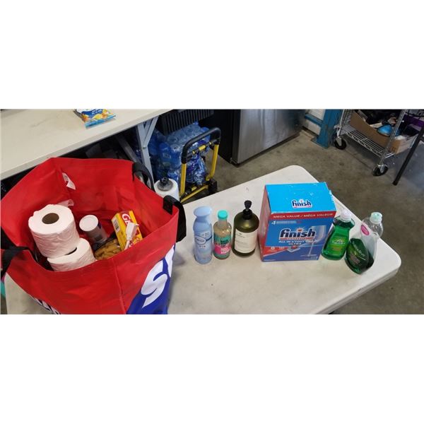 BAG OF CLEANING SOAPS, POWERBALL FINISH, FEBREEZE, TOILET PAPER ETC