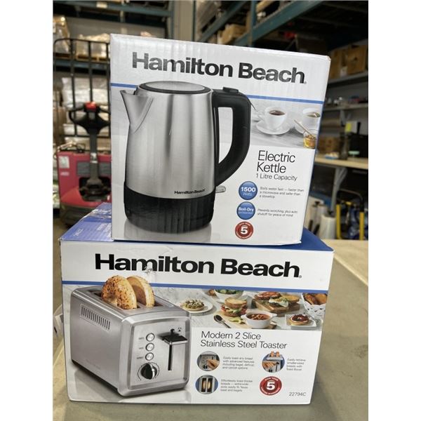HAMILTON BEACH MODERN 2 SLICE STAINLESS STEEL TOASTER AND HAMILTON BEACH ELECTRIC KETTLE