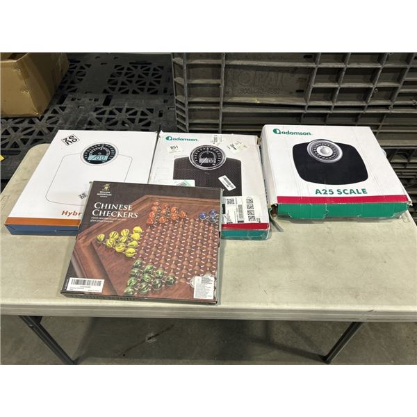 YELLOWMOUNTAIN CHINESE CHECKERS AND 3 SCALES. ADAMSON A25 SCALE, ZERO HYBRID SCALE AND AMADSON HYBRI