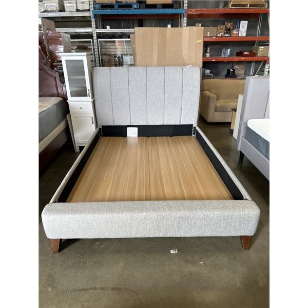 AS NEW GREY QUEENSIZE UPHOLSTERED BEDFRAME W/ SLATS