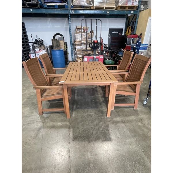 4 OUTDOOR TEAK CHAIRS AND OUTDOOR TABLE