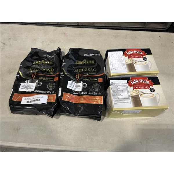 2 BAGS LAVAZZA ESPRESSO BARISTA GRAN CREMA MEDIUM ROAST, AND 2 PACKS CAFFE D'VITA PREMIUM INSTANT CO