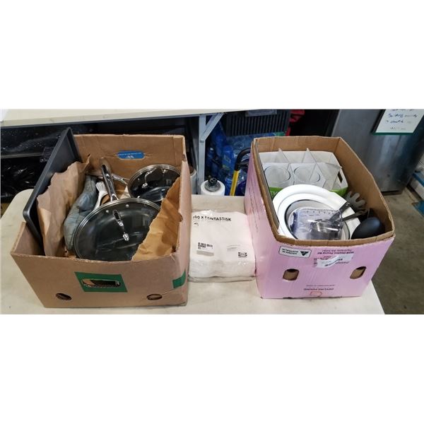 2 BOXES OF ASSORTED POTS AND PANS, NON STICK AND KITCHEN WARE