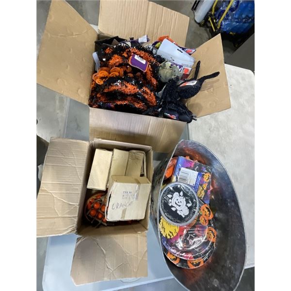 2 BOXES AND METAL BIN OF HALLOWEEN DECORATIONS