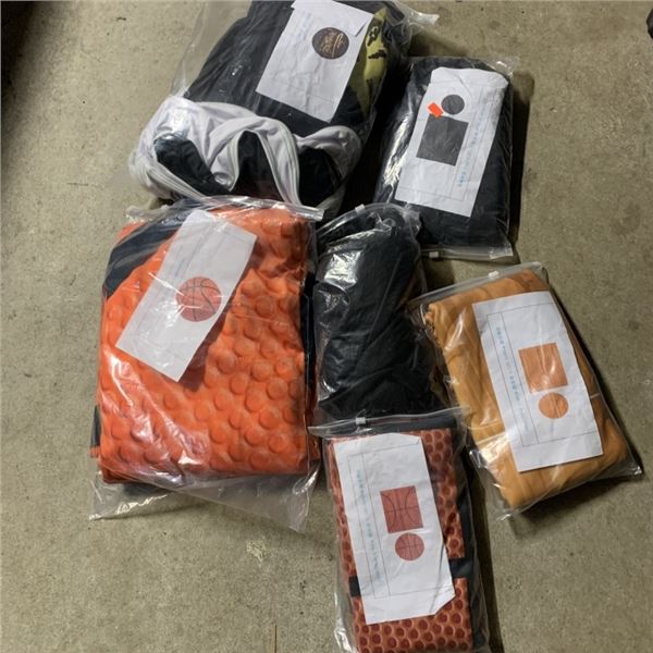 LOT OF LARGE PARTY TABLE COVERINGS AND CYLINDER COVERINGS BASKETBALL AND BIRTHDAY