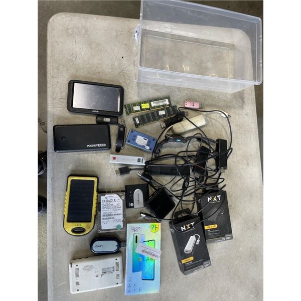 PLASTIC TOTE OF COMPUTER PARTS INCLUDING RAM, HARD DRIVE, ZIP DRIVES, BATTERY BANKS