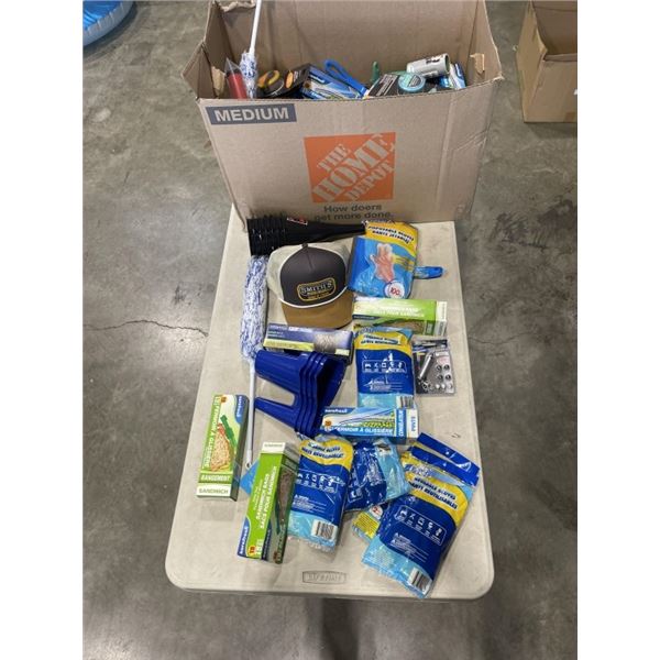 HUGE BOX OF ASSORTED NEW ITEMS, HOUSEHOLD, CLEANING SUPPLY ETC