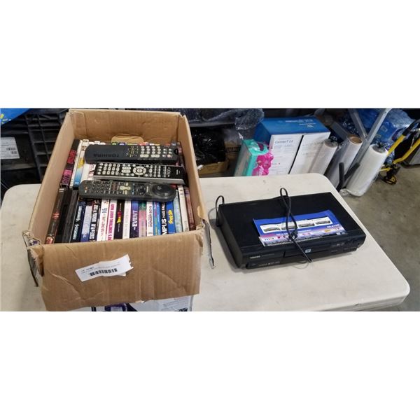 DVD PLAYER AND BOX OF DVDS. WORKING