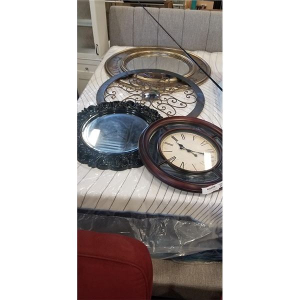 2 MADE TO LOOK OLD WALL MIRRORS, WALL CLOCK WITH MIRROR, AND METAL DECORATION