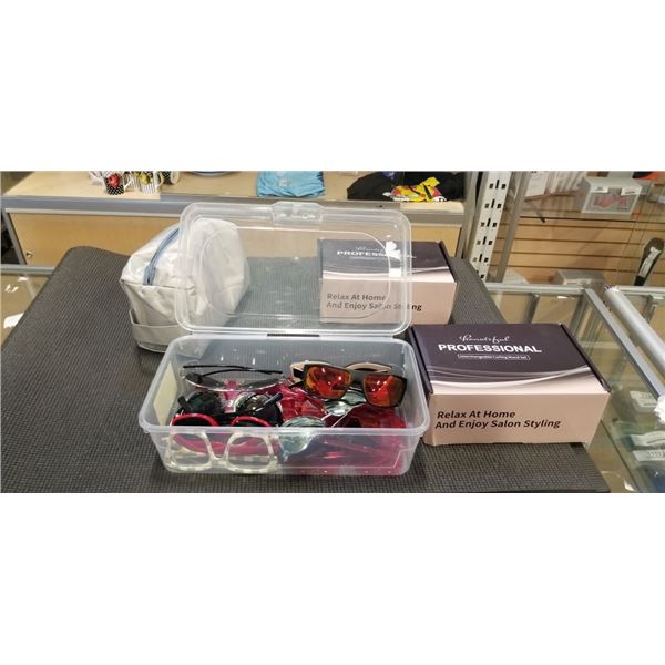 2 INTERCHANGEABLE CURLING WAND SETS, RESISTANCE BANDS AND TOTE OF SUNGLASSES