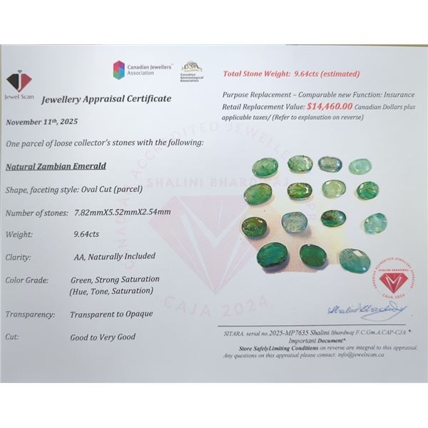 9.64 CT CERTIFIED ZAMBIAN EMERALD GEMSTONE PARCEL ($14,460 APPRAISAL)