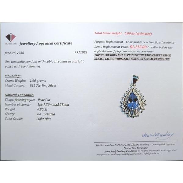 1.6 CT CERTIFIED SILVER TANZANITE GEMSTONE PENDANT ($1,115 APPRAISAL)
