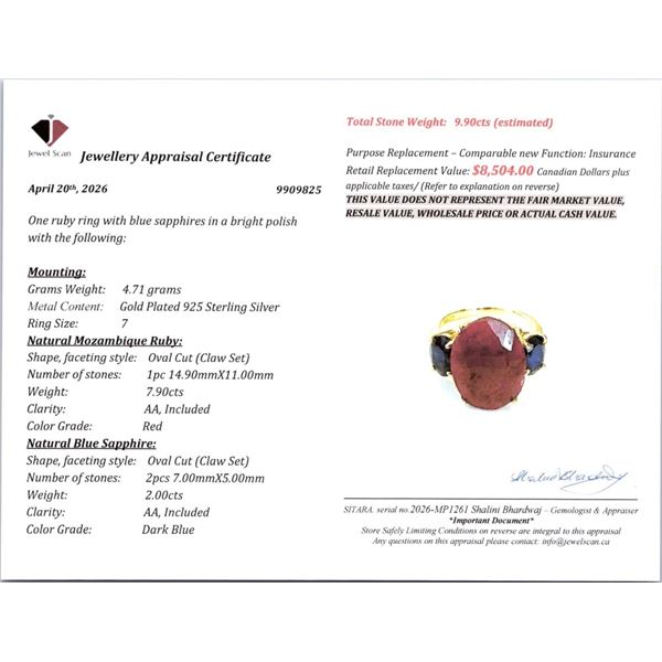 4.71 CT CERTIFIED SILVER RUBY / SAPPH GEMSTONE RING ($8,504 APPRAISAL)