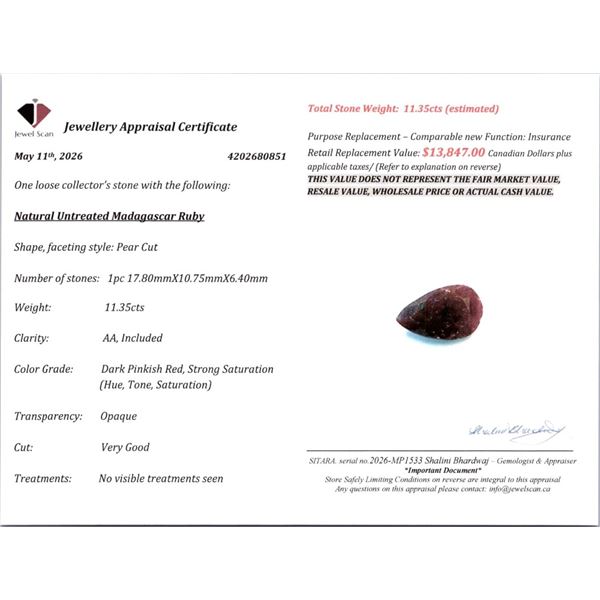 11.35 CT CERTIFIED RED RUBY GEMSTONE ($13,847 APPRAISAL)