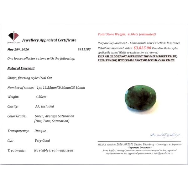 4.5 CT CERTIFIED EMERALD GEMSTONE ($3,825 APPRAISAL)