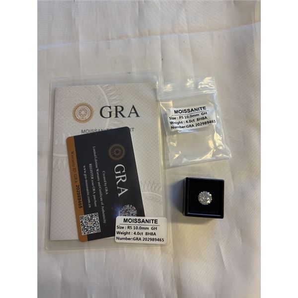 NEW 4.0CT MOISSANITE GEMSTONE, ROUND BRILLIANT CUT, GH-VVS1, GRA REPORT, TESTS POSITIVE W/ DIAMOND T