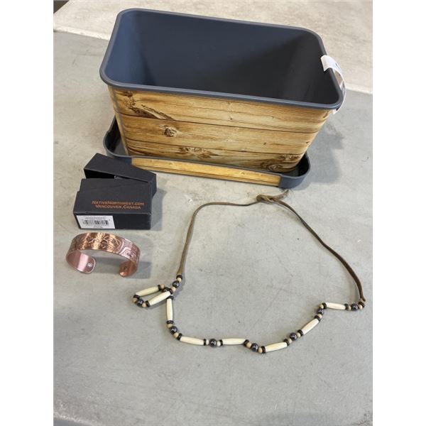 BRAND NEW HAND MADE NATIVE COPPER BRACELET WITH BOX, AND NATIVE BONE NECKLACE WITH LEATHER AND HEMAT