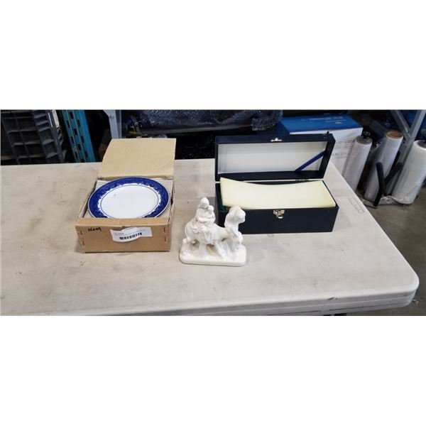 CASED CHEVALIER CRYSTAL VASE, STATUE AND NEW CHINA PLATES