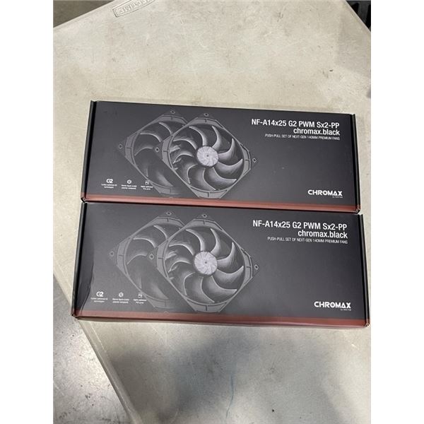 2 SETS OF NOCTUA CHROMAX 140MM PREMIUM FANS. MODEL NF-A14X25G2 PWM SX2-PP.  ONE IS BLACK