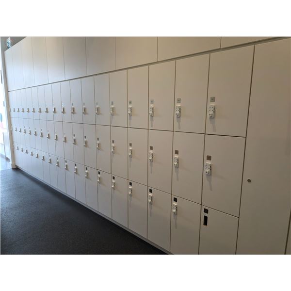 18 Vertical Columns of 3-Tier Wooden Lockers (54 Lockers Total), Approx. 75" H × 12" W Each Column - — image 37