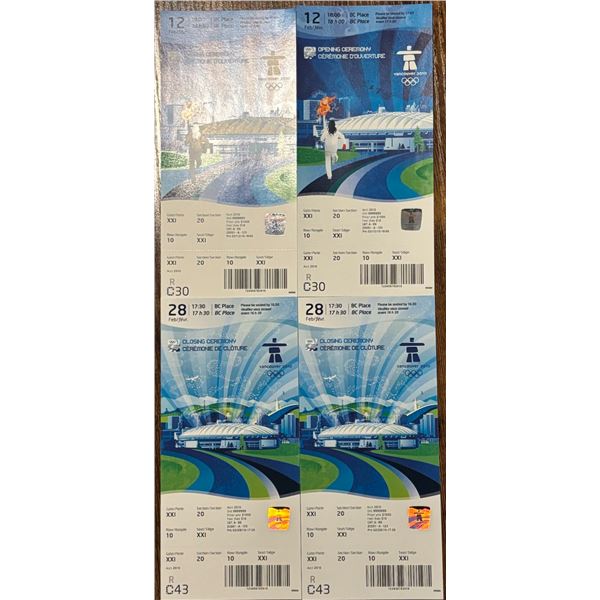 2010 Winter Olympics Ceremony Full Ticket Set of 4