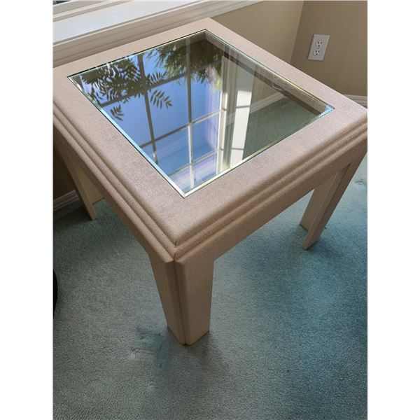 Square Beige Side Table With Glass Top and Brass Trim, 24" x 24" x 21"