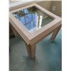 Image 1 : Square Beige Side Table With Glass Top and Brass Trim, 24" x 24" x 21"