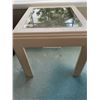 Image 2 : Square Beige Side Table With Glass Top and Brass Trim, 24" x 24" x 21"